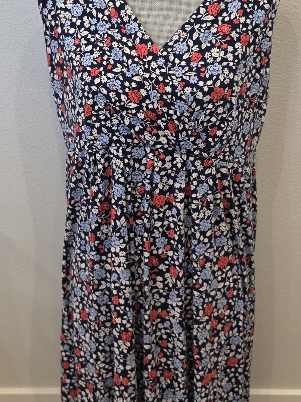 Floral Navy Midi Dress with Red & Light Blue Blooms